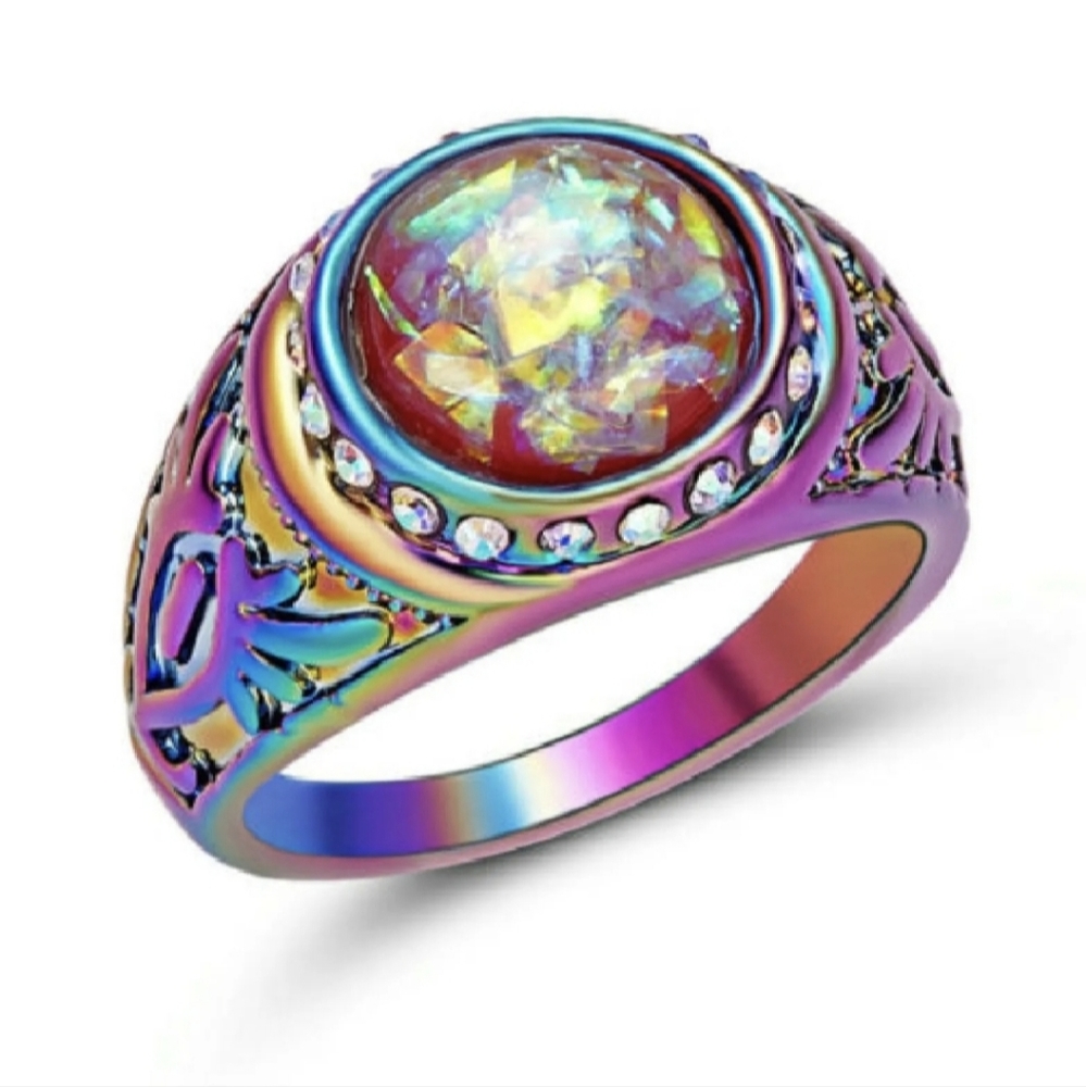 *Sale* New Red Orange Fire Opal Rainbow Hematite Ring.